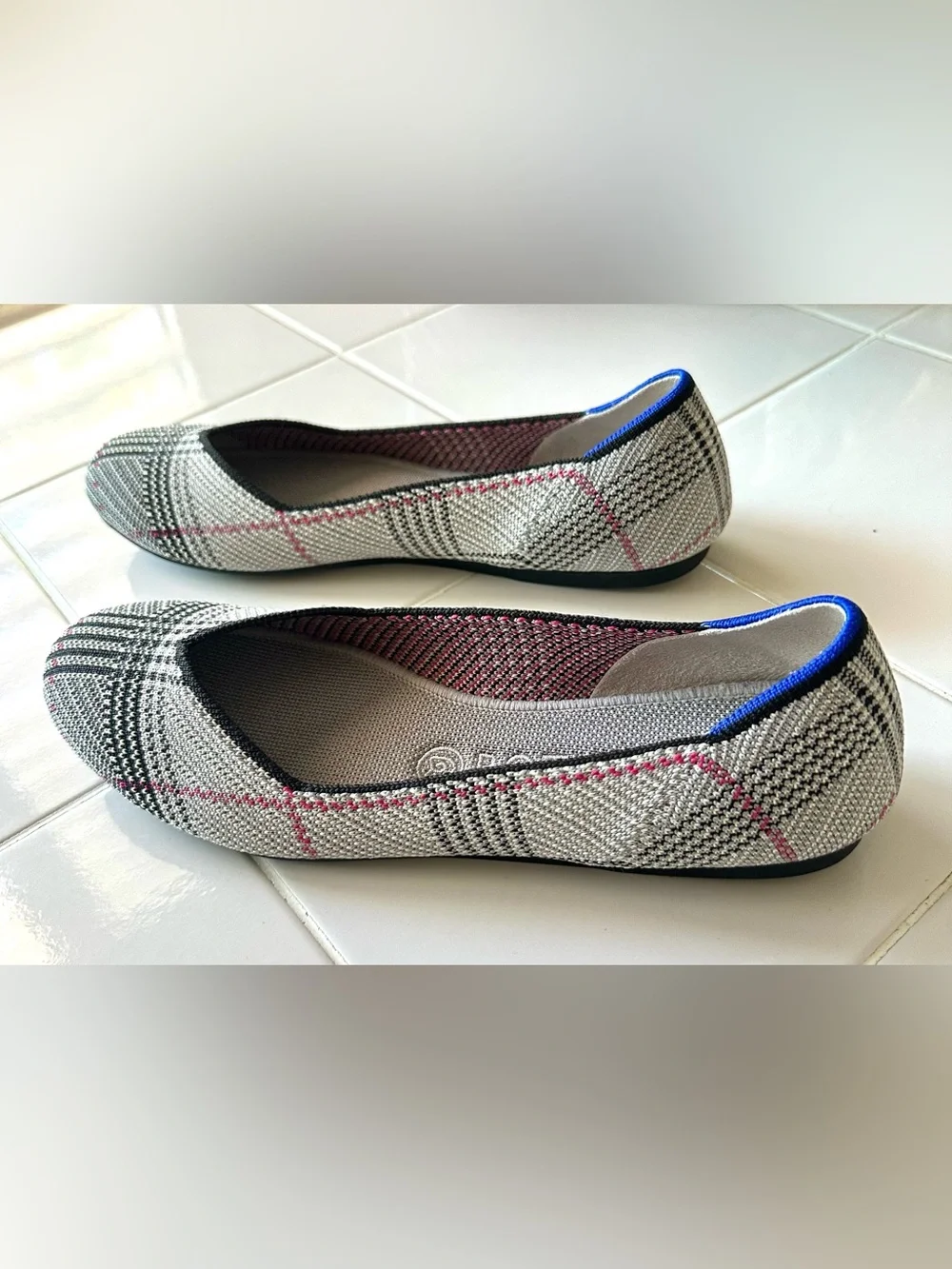 Rothy’s The Flat Plaid Knit Ballet Flats Gray Pink Blue Women’s Size 9